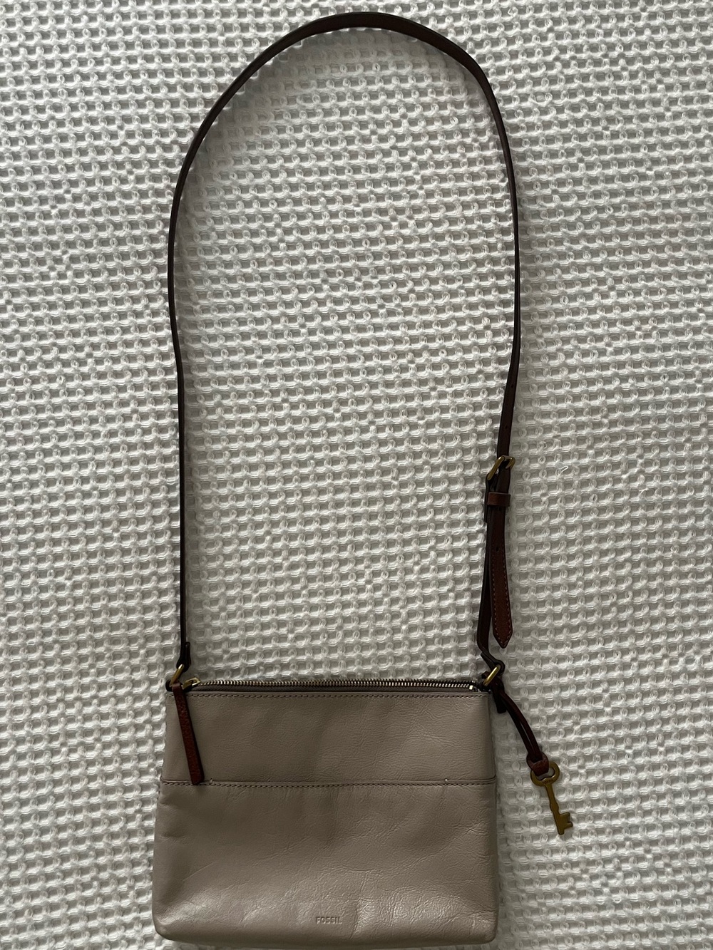 Fossil Fiona Leather Crossbody Bag in Taupe with Brown Strap and brass key charm